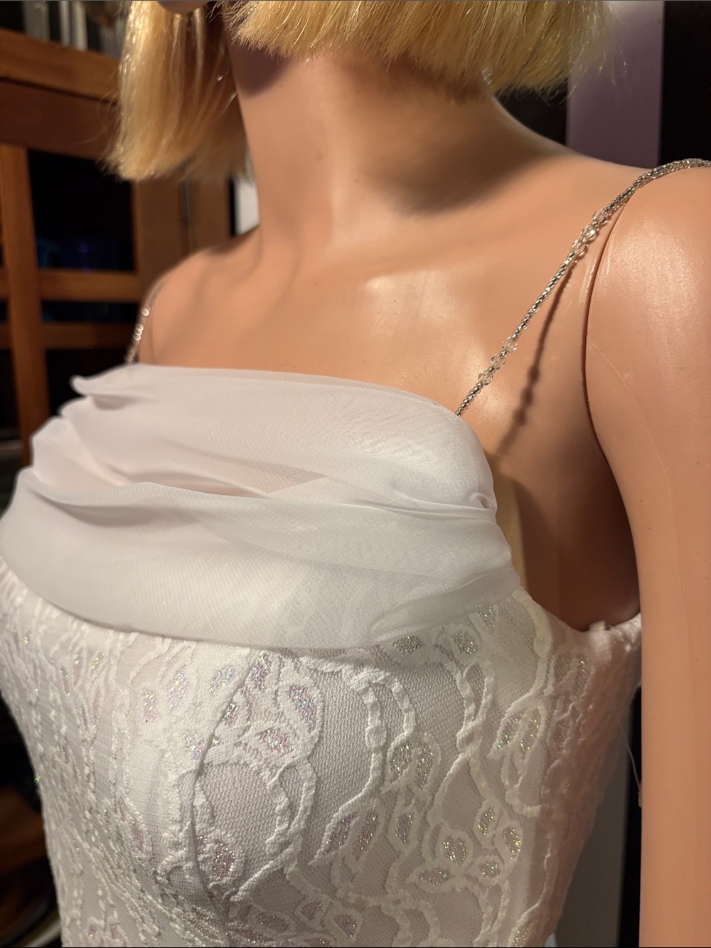 Y2K Wedding Dress Lace Column Long Gown Sheer Cowl Neck Size 0/2 XS Beaded Strap - Picture 4 of 17